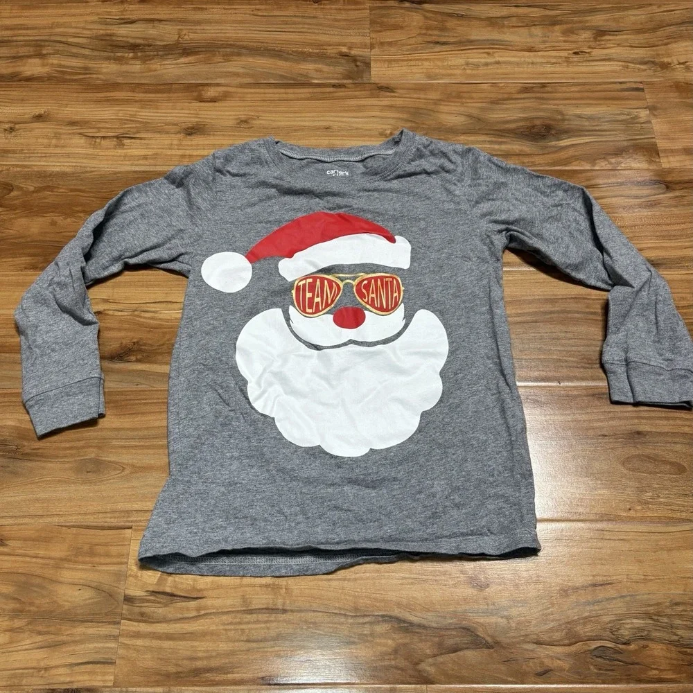 Santa Clause Long‎ Sleeve Gray Holiday Christmas Carter's Shirt Sz 8 Team Santa